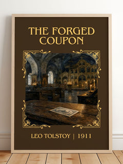 The Forged Coupon Classic Book Art Print by Leo Tolstoy – framed print leaning on a wooden floor
