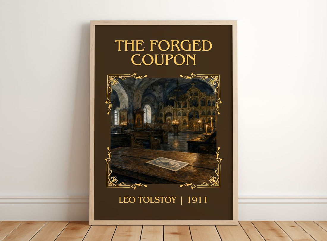 The Forged Coupon Classic Book Art Print by Leo Tolstoy – framed print leaning on a wooden floor