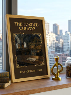 The Forged Coupon Classic Book Art Print by Leo Tolstoy – framed print on a city-view windowsill