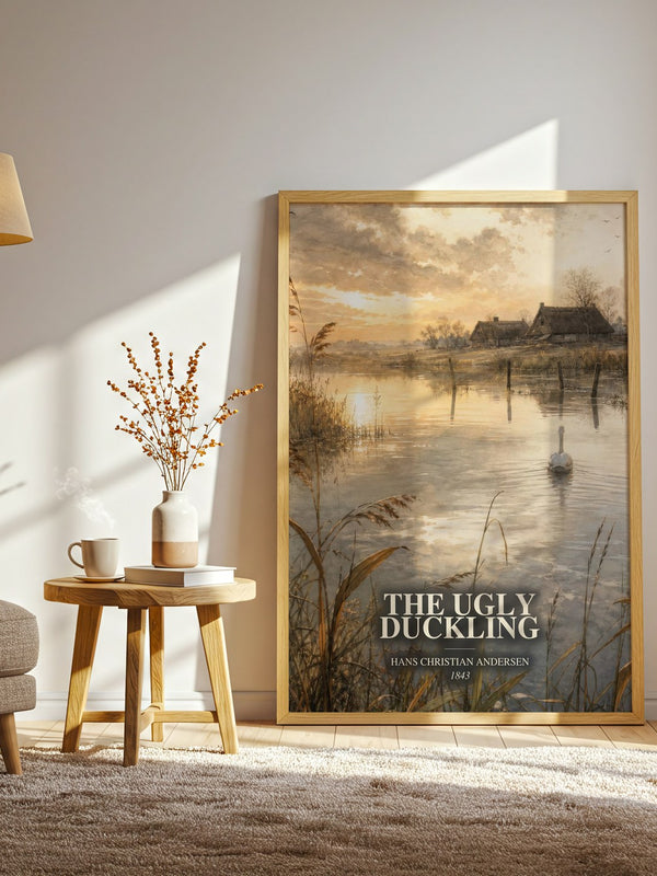 The Ugly Duckling watercolour print in frame leaning in hallway – childrens wall art