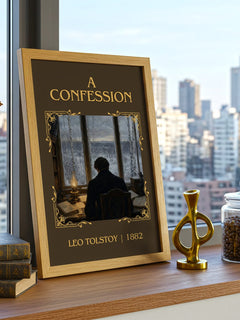 A Confession Classic Book Art Print by Leo Tolstoy – framed print on a city-view windowsill