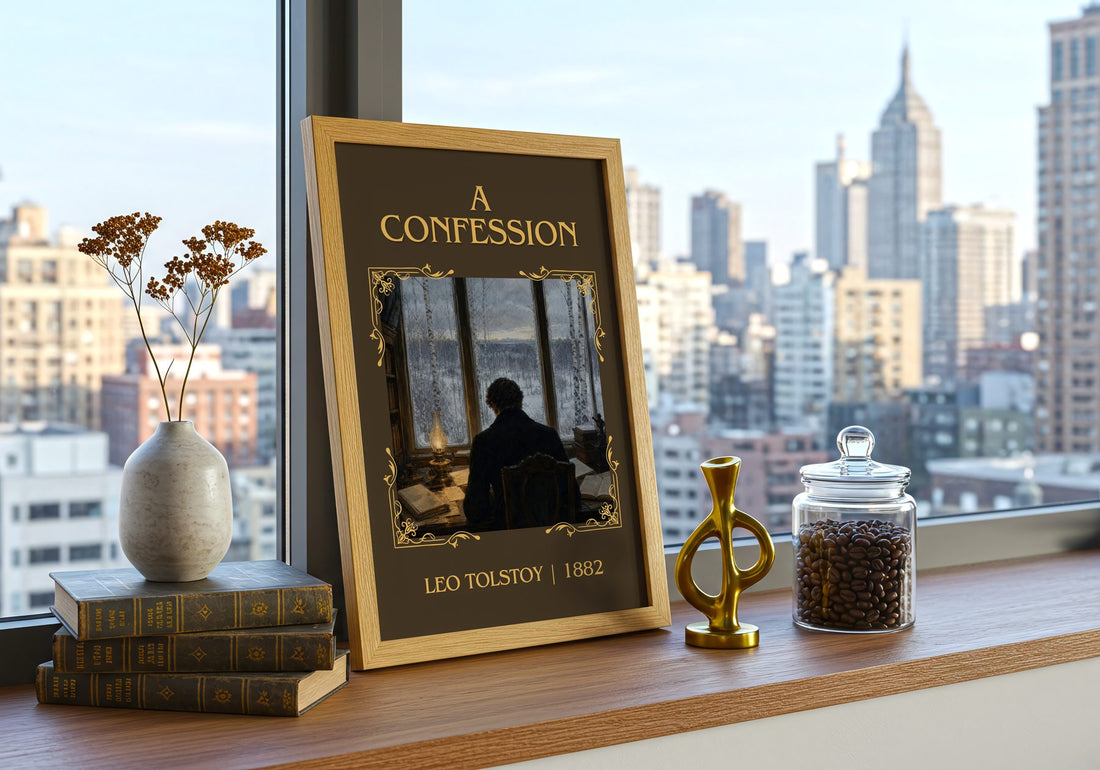 A Confession Classic Book Art Print by Leo Tolstoy – framed print on a city-view windowsill
