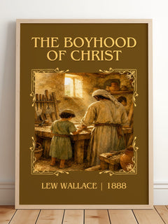 The Boyhood Of Christ Classic Book Art Print by Lew Wallace – framed print leaning on a wooden floor