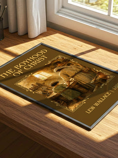 The Boyhood Of Christ Classic Book Art Print by Lew Wallace – print on a sunlit desk