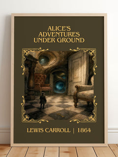 Alice's Adventures Under Ground Classic Book Art Print by L. Carroll – framed print leaning on a wooden floor