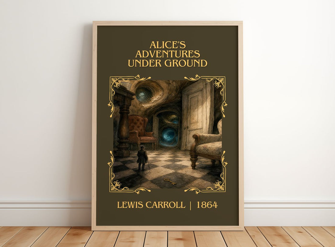 Alice's Adventures Under Ground Classic Book Art Print by L. Carroll – framed print leaning on a wooden floor