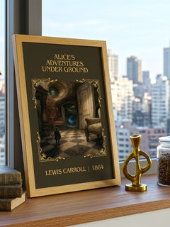 Alice's Adventures Under Ground Classic Book Art Print by L. Carroll – framed print on a city-view windowsill