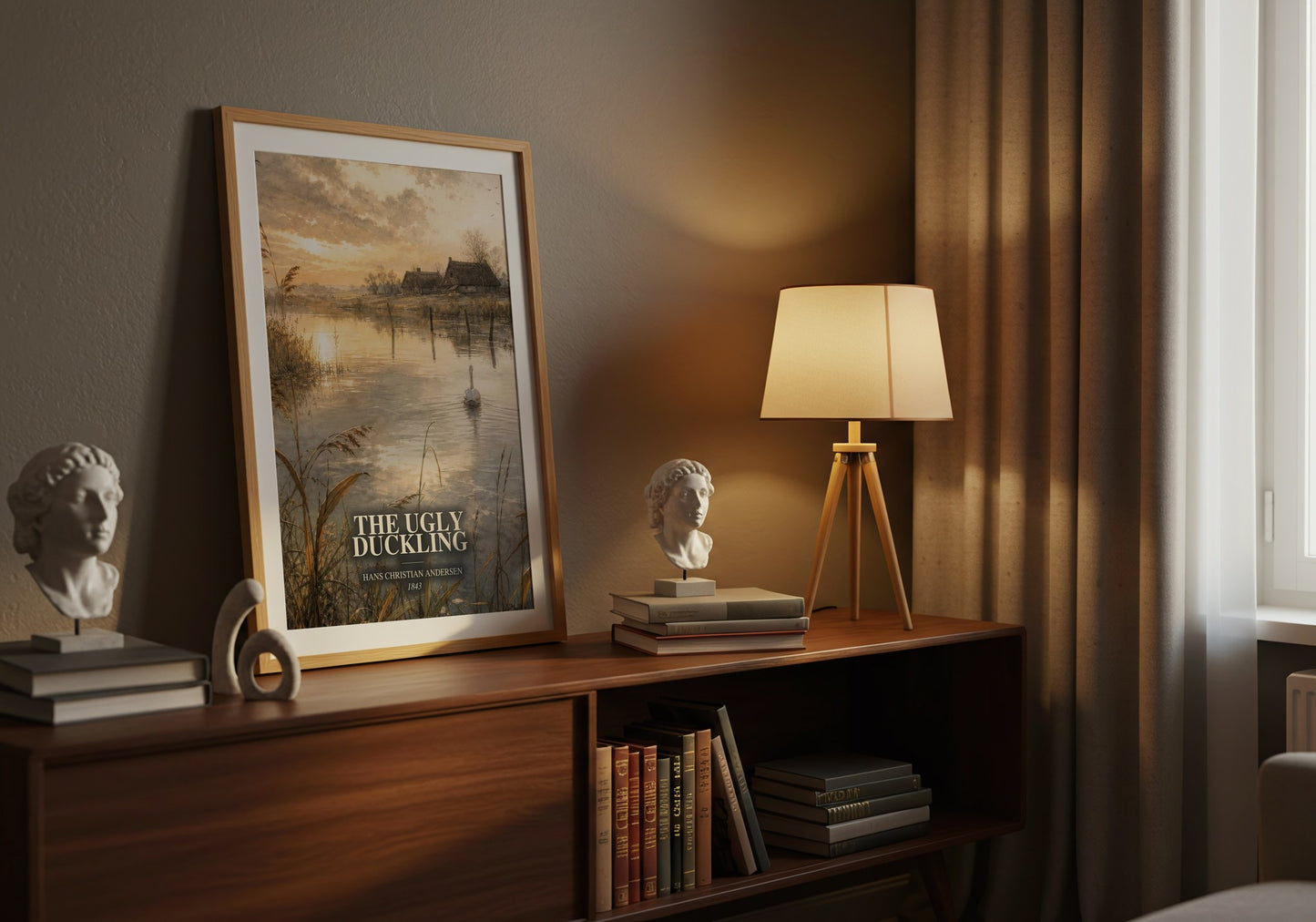 The Ugly Duckling watercolour print on bookshelf – Hans Christian Andersen fan gift