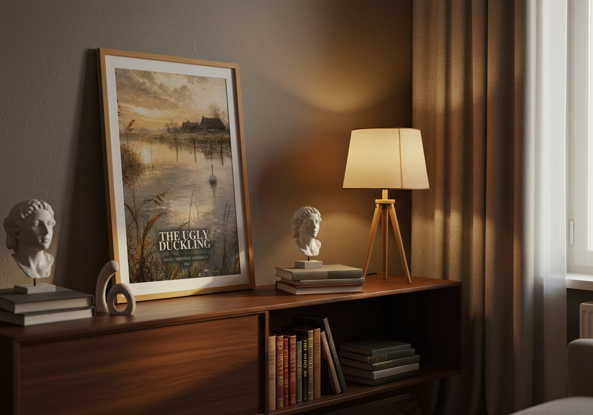 The Ugly Duckling watercolour print on bookshelf – Hans Christian Andersen fan gift