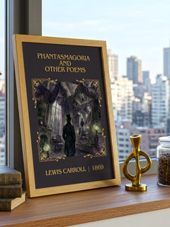 Phantasmagoria And Other Poems Classic Book Art Print by Lewis Carroll – framed print on a city-view windowsill