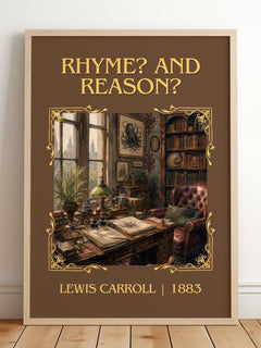 Rhyme? And Reason? Classic Book Art Print by Lewis Carroll – framed print leaning on a wooden floor