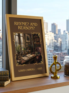 Rhyme? And Reason? Classic Book Art Print by Lewis Carroll – framed print on a city-view windowsill