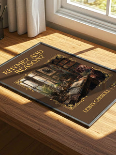 Rhyme? And Reason? Classic Book Art Print by Lewis Carroll – print on a sunlit desk