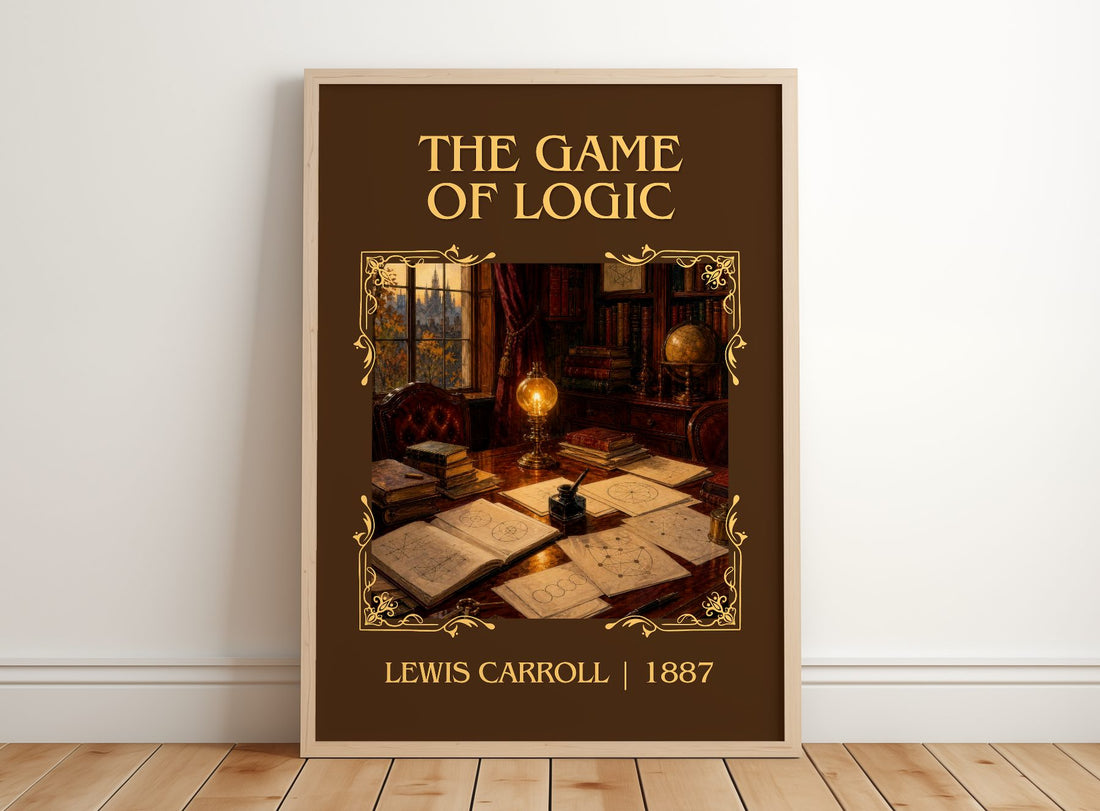 The Game Of Logic Classic Book Art Print by Lewis Carroll – framed print leaning on a wooden floor