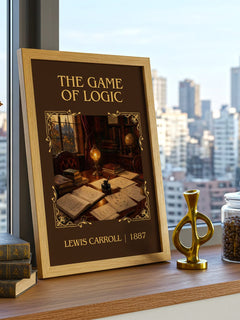 The Game Of Logic Classic Book Art Print by Lewis Carroll – framed print on a city-view windowsill
