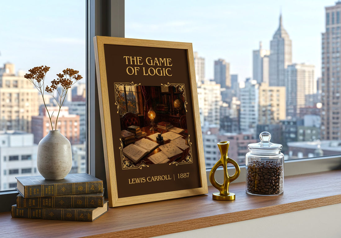 The Game Of Logic Classic Book Art Print by Lewis Carroll – framed print on a city-view windowsill
