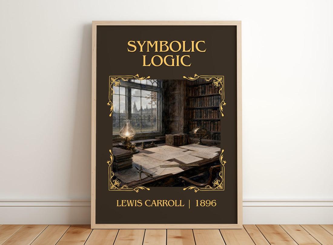 Symbolic Logic Classic Book Art Print by Lewis Carroll – framed print leaning on a wooden floor