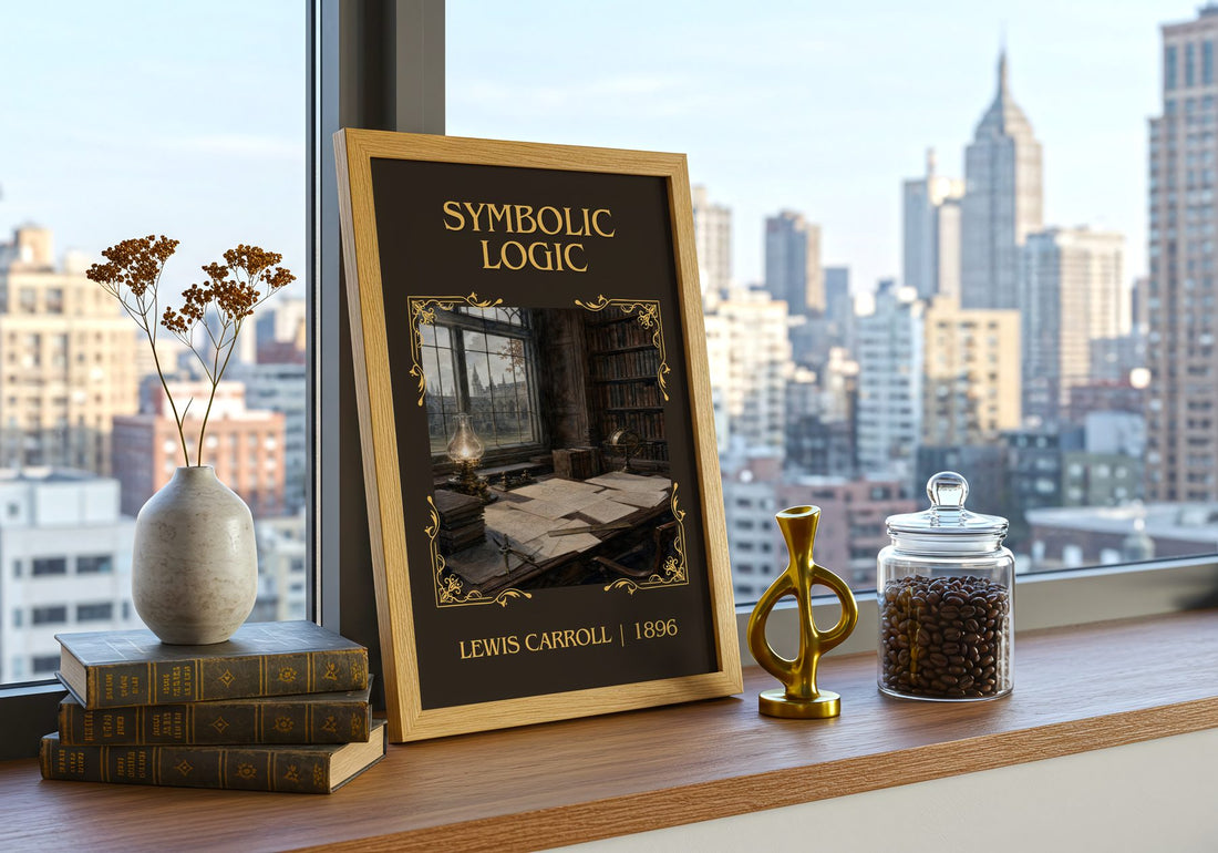 Symbolic Logic Classic Book Art Print by Lewis Carroll – framed print on a city-view windowsill