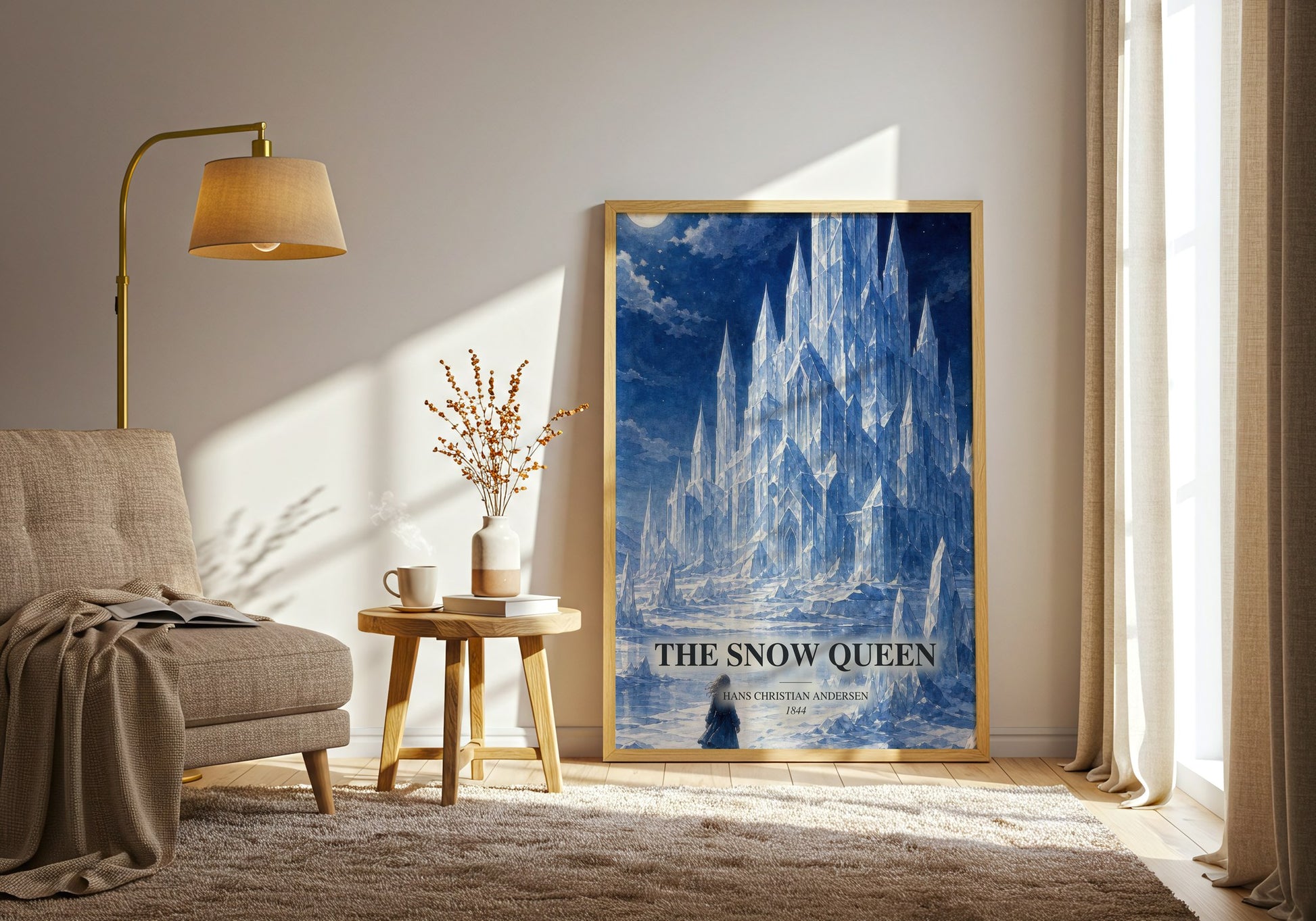 The Snow Queen watercolour print in frame leaning in hallway – childrens wall art