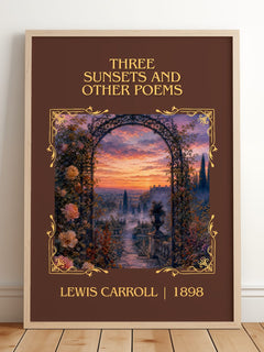 Three Sunsets And Other Poems Classic Book Art Print by Lewis Carroll – framed print leaning on a wooden floor