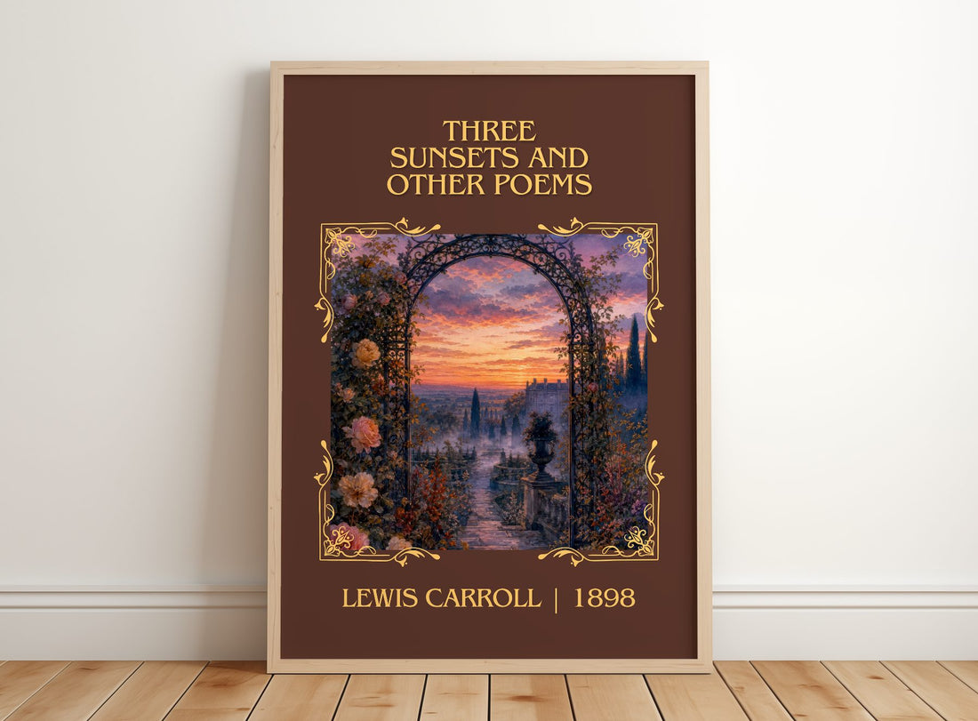 Three Sunsets And Other Poems Classic Book Art Print by Lewis Carroll – framed print leaning on a wooden floor