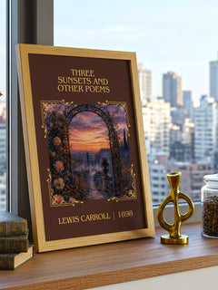 Three Sunsets And Other Poems Classic Book Art Print by Lewis Carroll – framed print on a city-view windowsill