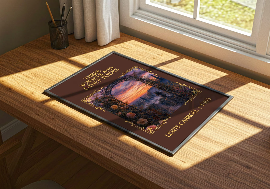 Three Sunsets And Other Poems Classic Book Art Print by Lewis Carroll – print on a sunlit desk