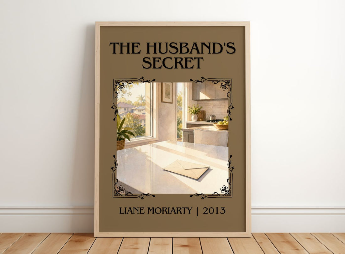 The Husband's Secret Classic Book Art Print by Liane Moriarty – framed print leaning on a wooden floor