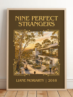 Nine Perfect Strangers Classic Book Art Print by Liane Moriarty – framed print leaning on a wooden floor