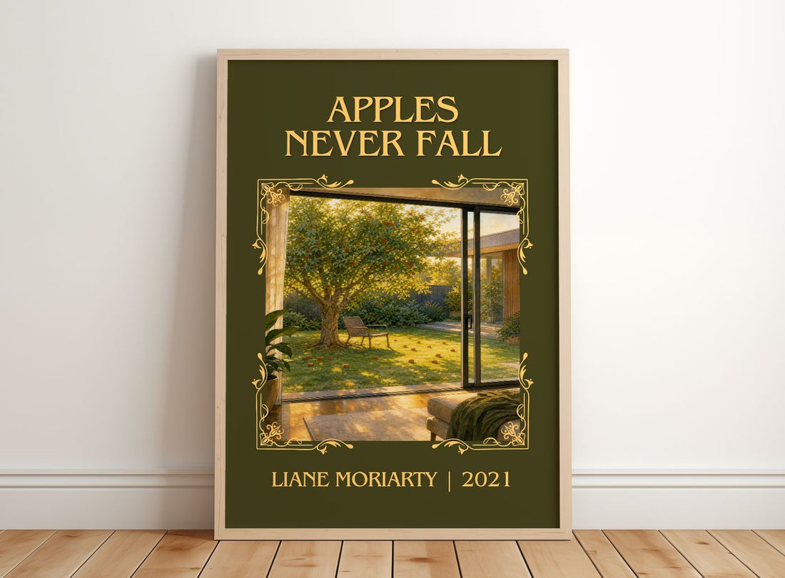 Apples Never Fall Classic Book Art Print by Liane Moriarty – framed print leaning on a wooden floor