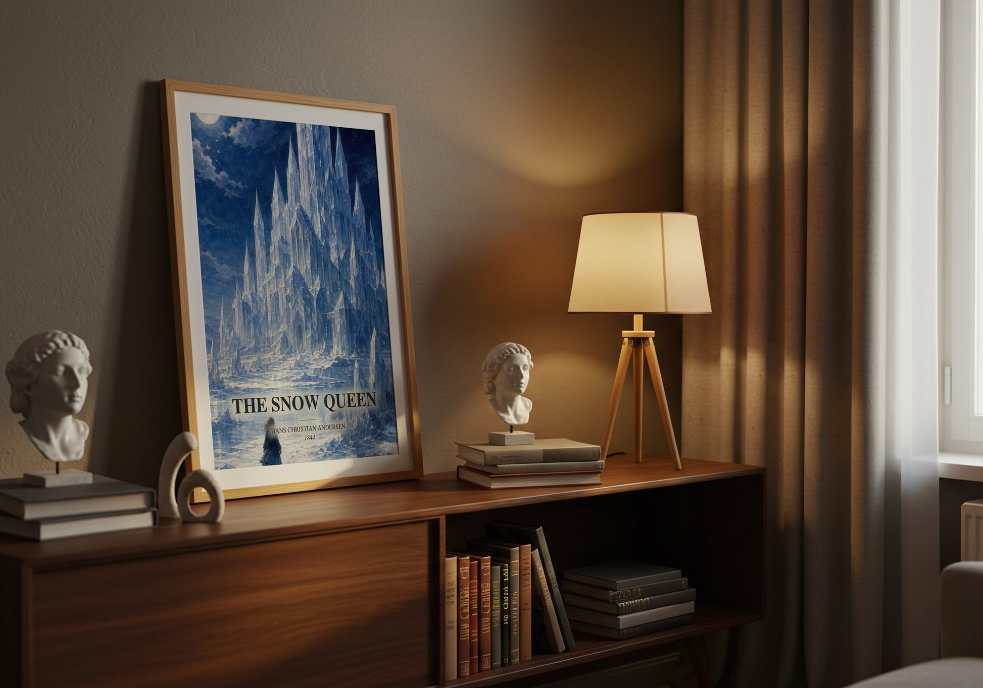 The Snow Queen watercolour print on bookshelf – Hans Christian Andersen fan gift