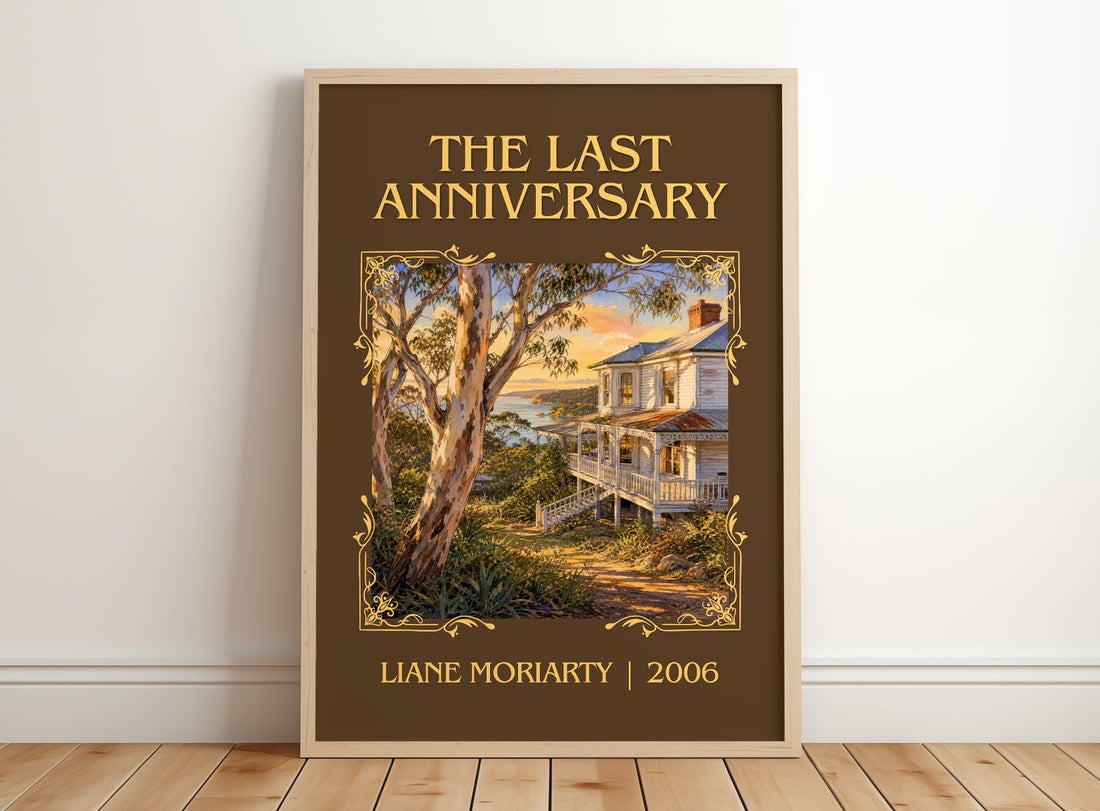 The Last Anniversary Classic Book Art Print by Liane Moriarty – framed print leaning on a wooden floor