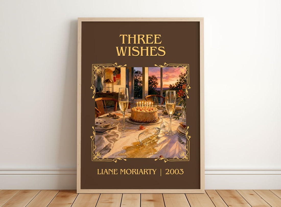 Three Wishes Classic Book Art Print by Liane Moriarty – framed print leaning on a wooden floor