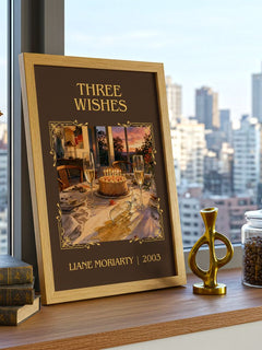 Three Wishes Classic Book Art Print by Liane Moriarty – framed print on a city-view windowsill