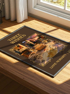Three Wishes Classic Book Art Print by Liane Moriarty – print on a sunlit desk