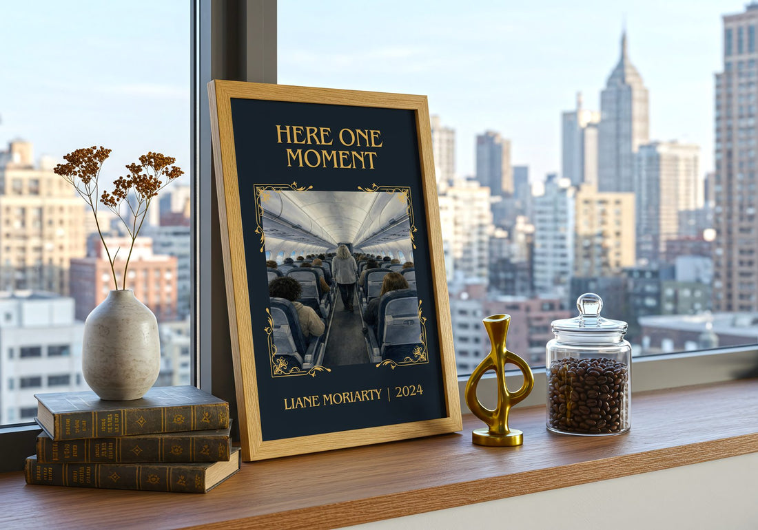 Here One Moment Classic Book Art Print by Liane Moriarty – framed print on a city-view windowsill