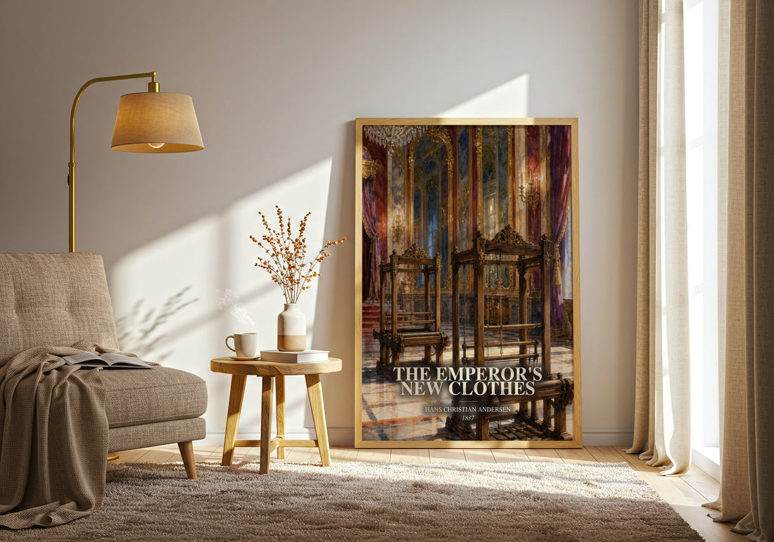The Emperor'S New Clothes watercolour print in frame leaning in hallway – childrens wall art (mockup)