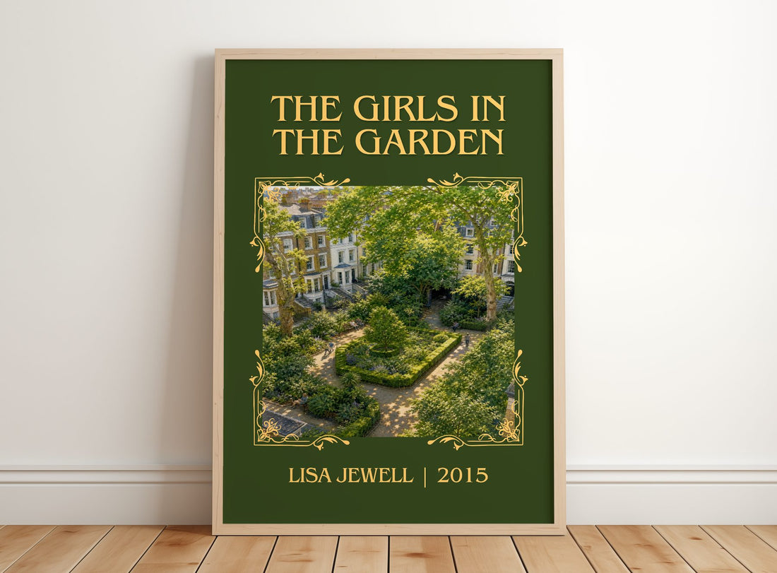 The Girls In The Garden Classic Book Art Print by Lisa Jewell – framed print leaning on a wooden floor
