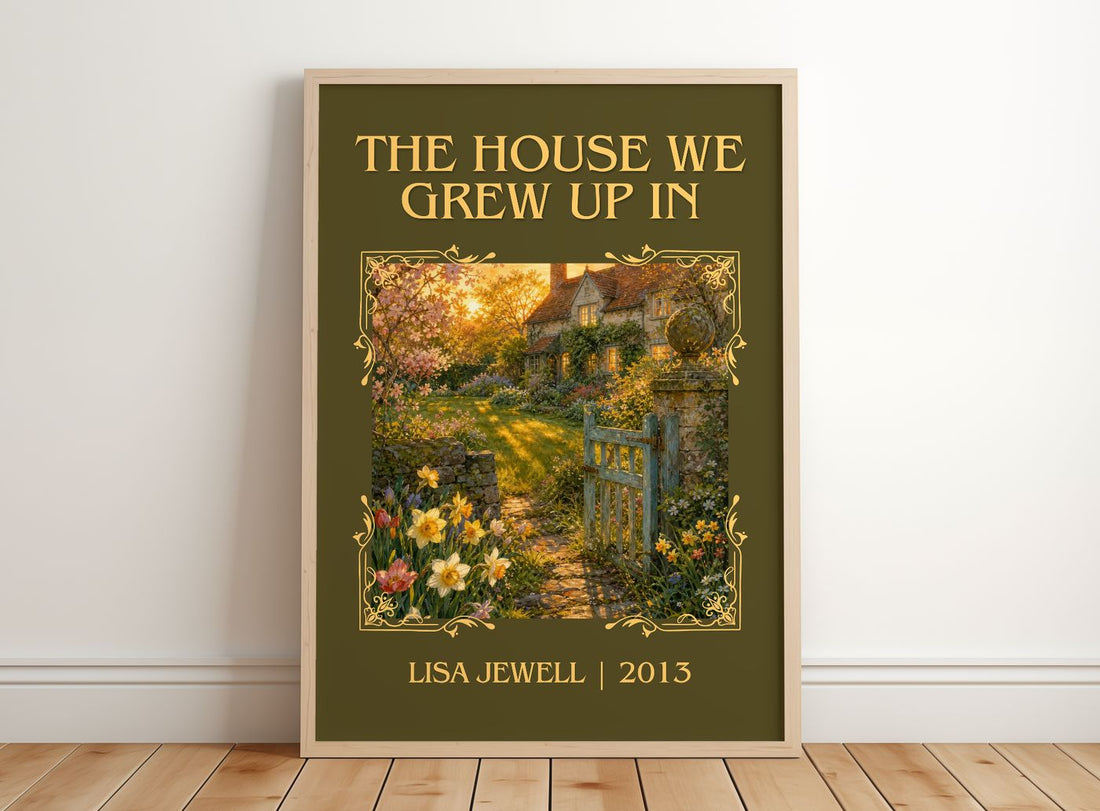 The House We Grew Up In Classic Book Art Print by Lisa Jewell – framed print leaning on a wooden floor