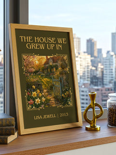 The House We Grew Up In Classic Book Art Print by Lisa Jewell – framed print on a city-view windowsill