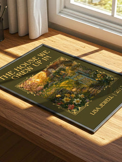 The House We Grew Up In Classic Book Art Print by Lisa Jewell – print on a sunlit desk