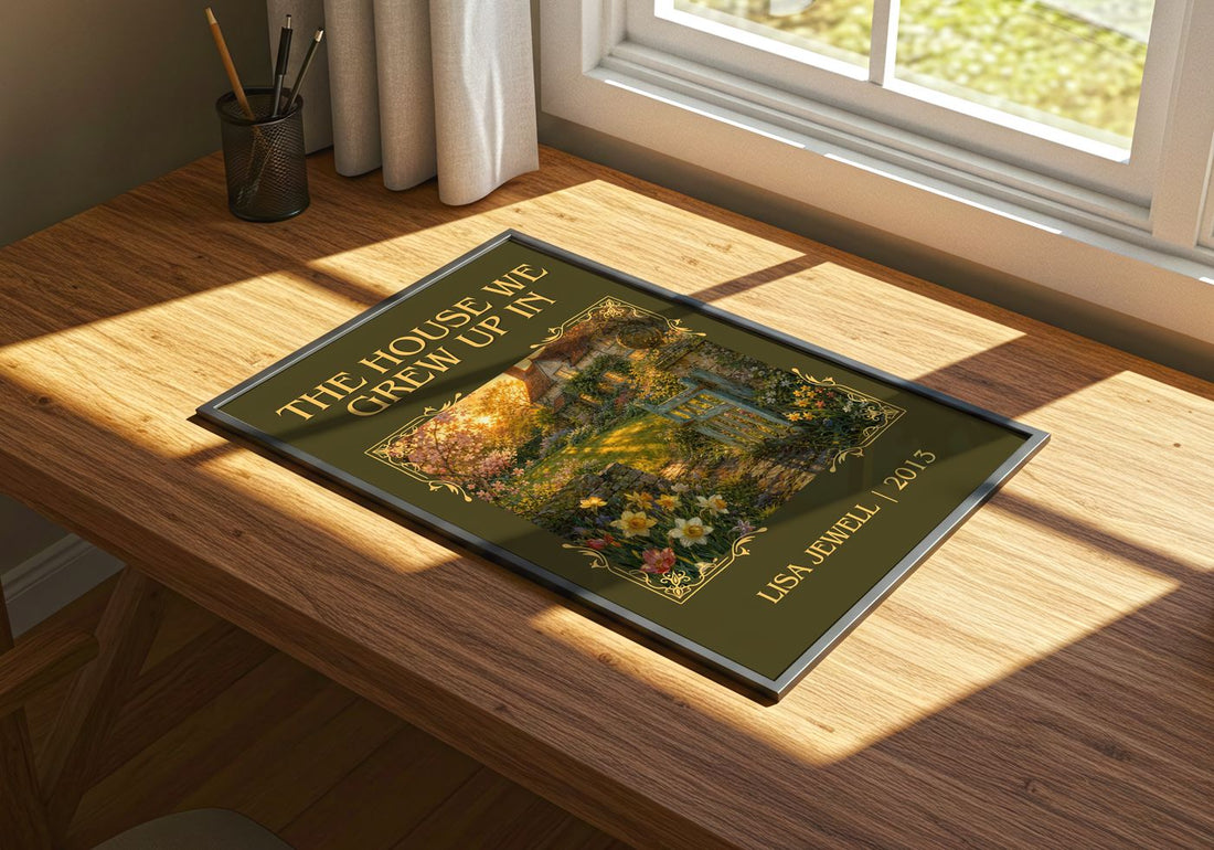 The House We Grew Up In Classic Book Art Print by Lisa Jewell – print on a sunlit desk