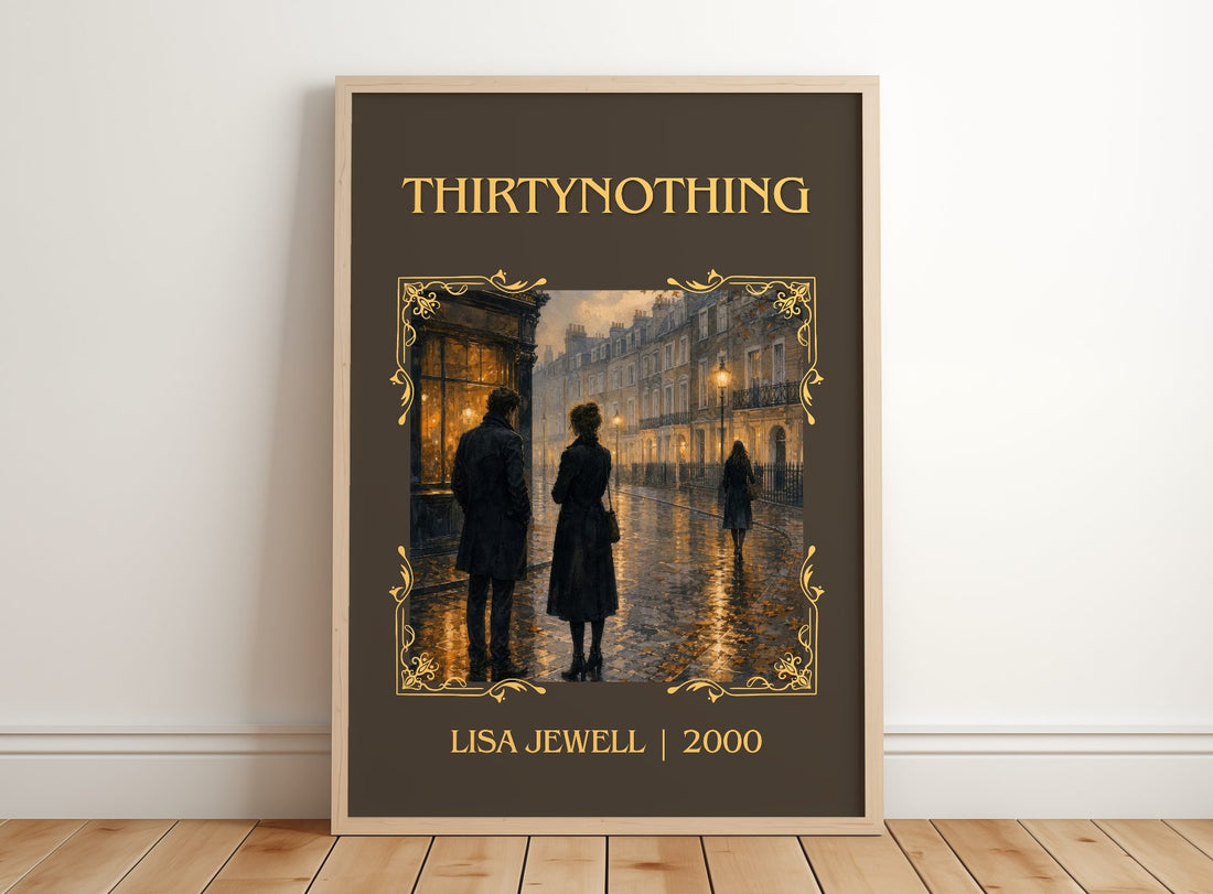 Thirtynothing Classic Book Art Print by Lisa Jewell – framed print leaning on a wooden floor