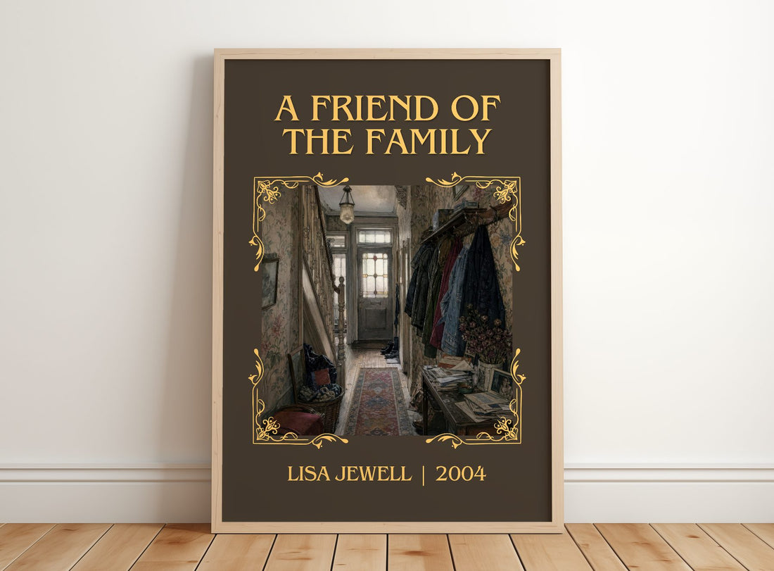 A Friend Of The Family Classic Book Art Print by Lisa Jewell – framed print leaning on a wooden floor