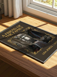 A Friend Of The Family Classic Book Art Print by Lisa Jewell – print on a sunlit desk