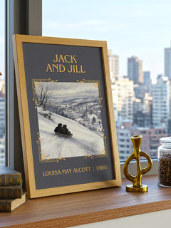 Jack And Jill Classic Book Art Print by Louisa May Alcott – framed print on a city-view windowsill