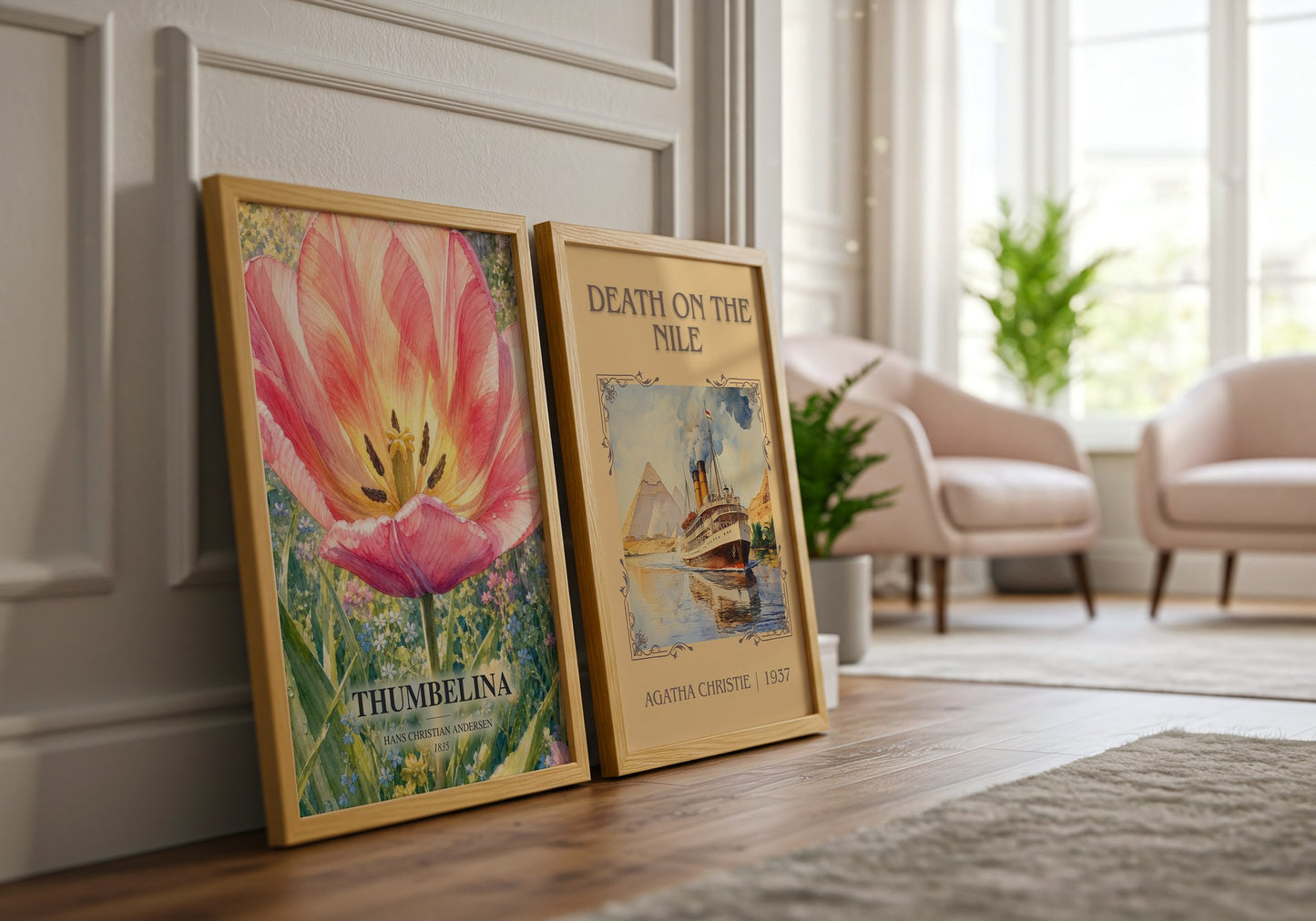 Thumbelina watercolour print framed by window – literary home decor