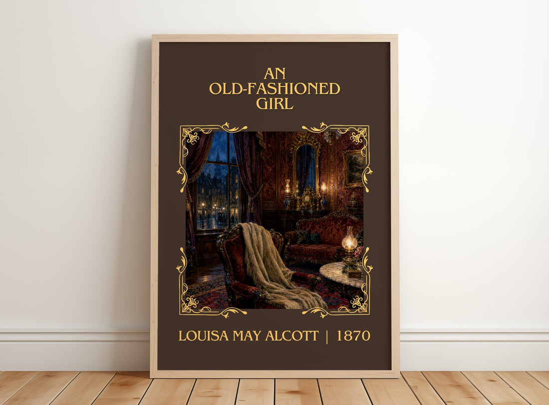 An Old-Fashioned Girl Classic Book Art Print by Louisa May Alcott – framed print leaning on a wooden floor