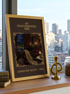 An Old-Fashioned Girl Classic Book Art Print by Louisa May Alcott – framed print on a city-view windowsill