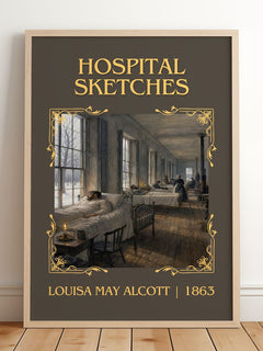 Hospital Sketches Classic Book Art Print by Louisa May Alcott – framed print leaning on a wooden floor